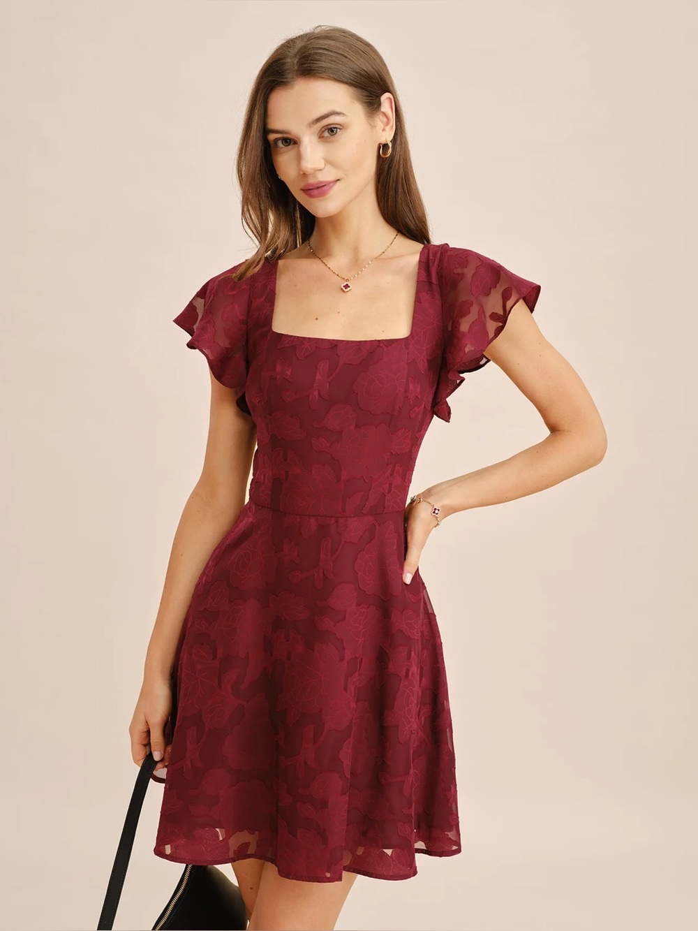 Rihoas Wine Red Square Neck Jacquard Mini Dress